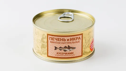 Печень и икра минтая натуральные кусочками, 185 г